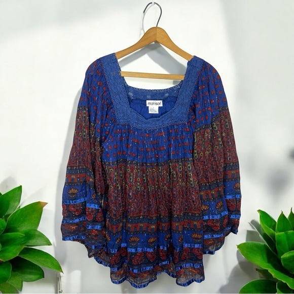 MARISOL Boho Peasant Flowy Metallic Weave Tunic Blouse Blue Red Print Size 1X - Picture 1 of 12